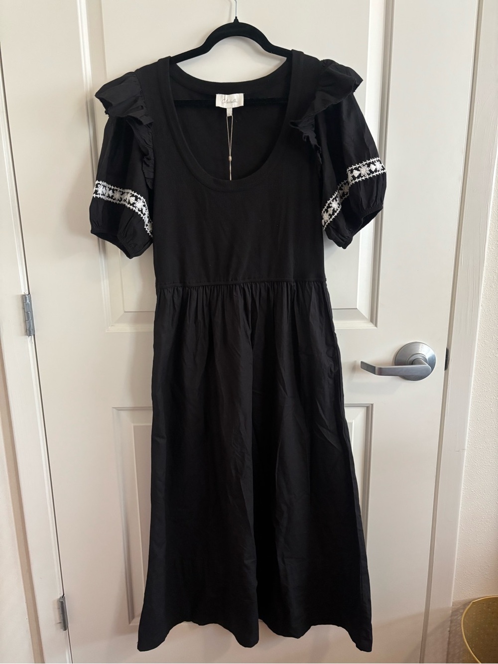 Cleobella NWT Black Puff-Sleeve Midi Dress with Embroidered Trim